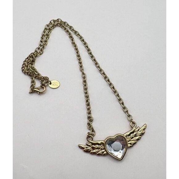 Winged Heart Pendant Necklace Gold Tone Chain with Rhinestone Center DS - Picture 7 of 7